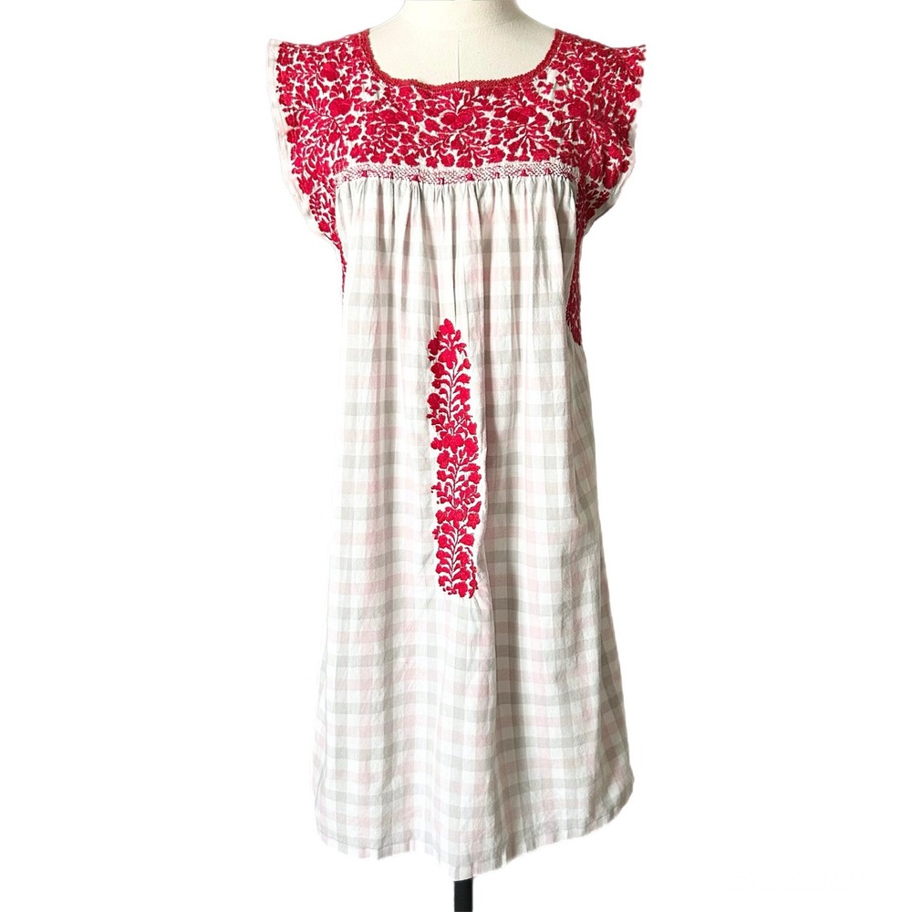 Mi Golondrina Hand Embroidered Cotton Gingham Mini Dress Red Grey Floral Small